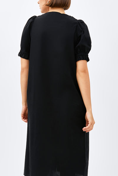 Lamalera Puffed Sleeves Dress in Black Poplin