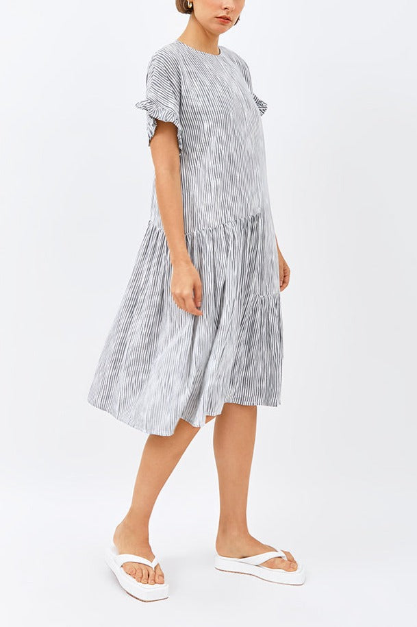 Moyo Tiered Ruffled Nightdress in Grey Stripe