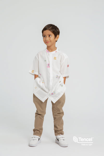 Buji Kids Stand Collar Shirt in White Daya