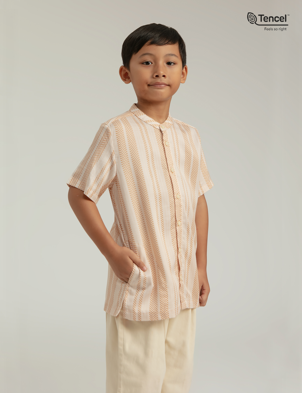 Buji Kids Stand Collar Shirt in Sand Woven