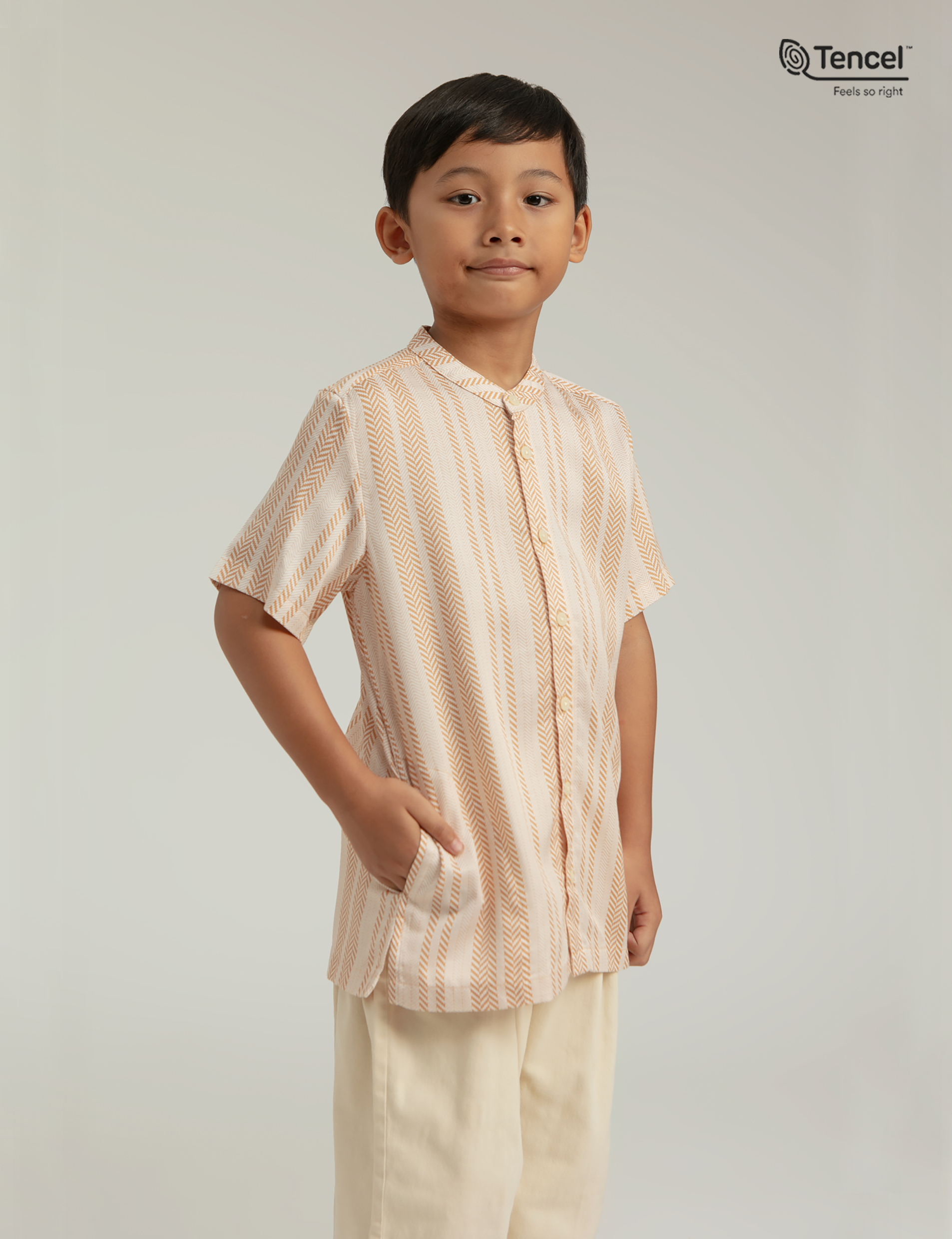 Buji Kids Stand Collar Shirt in Sand Woven