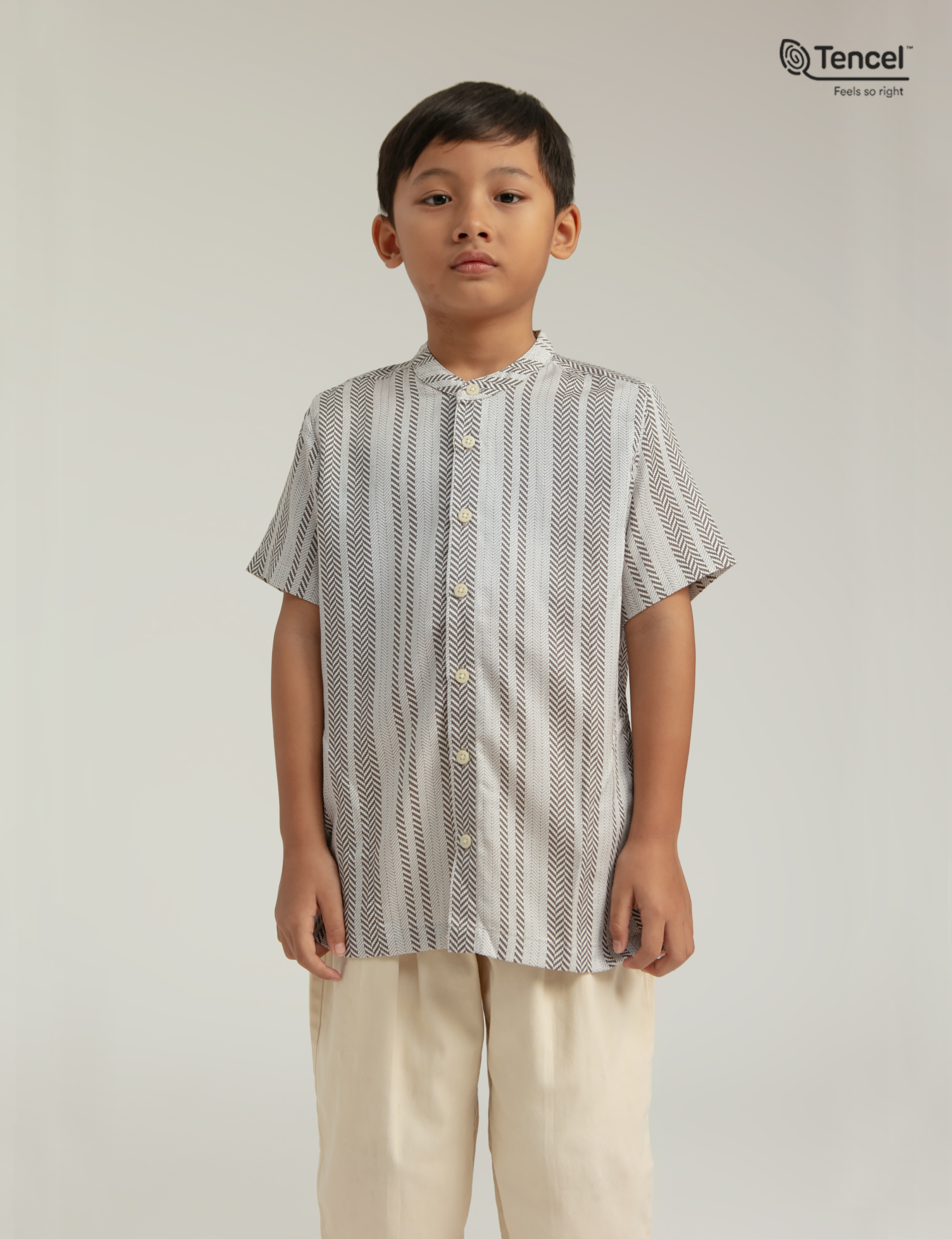 Buji Kids Stand Collar Shirt in Stone Woven