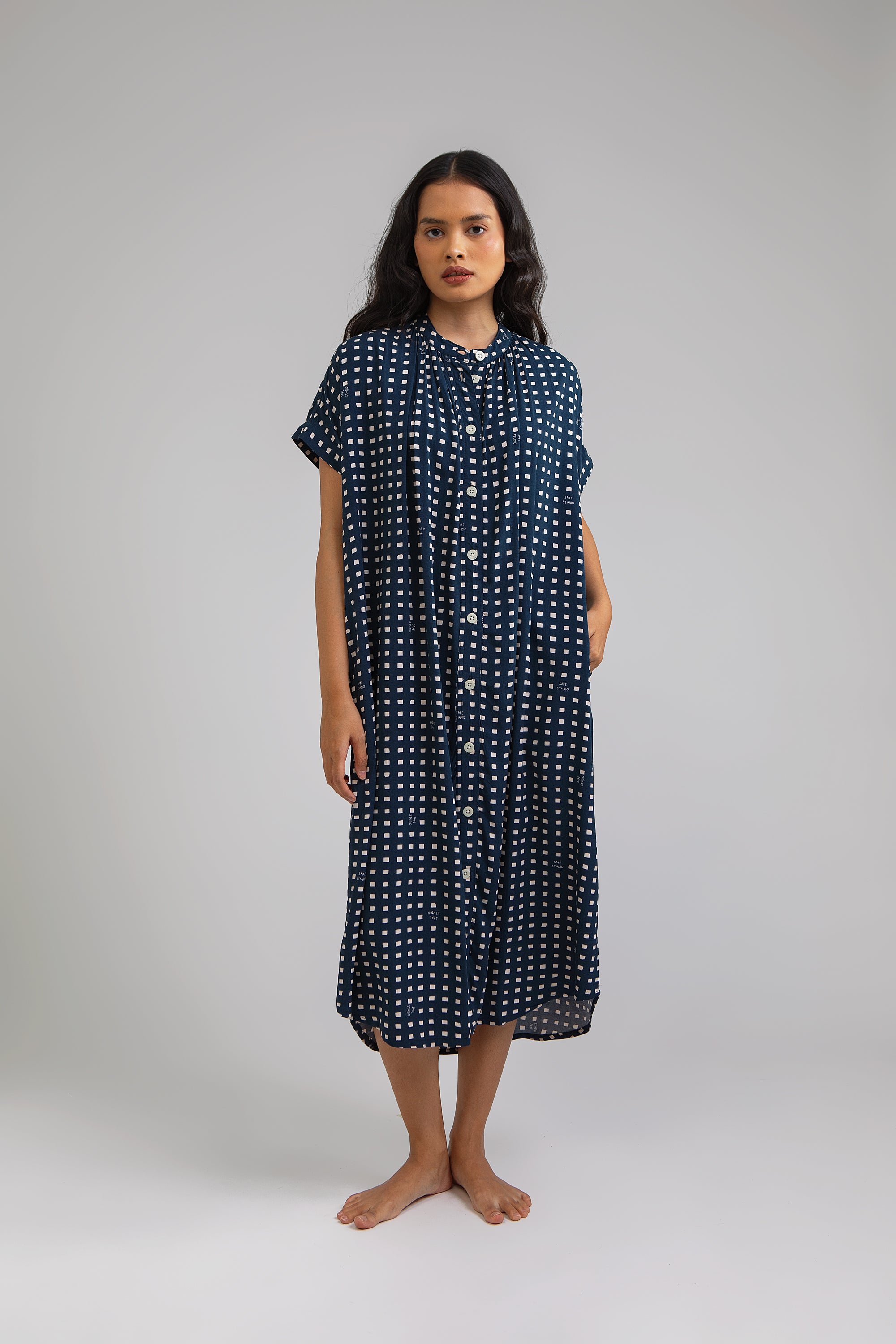 Obi Loose Dress in Navy Dadu