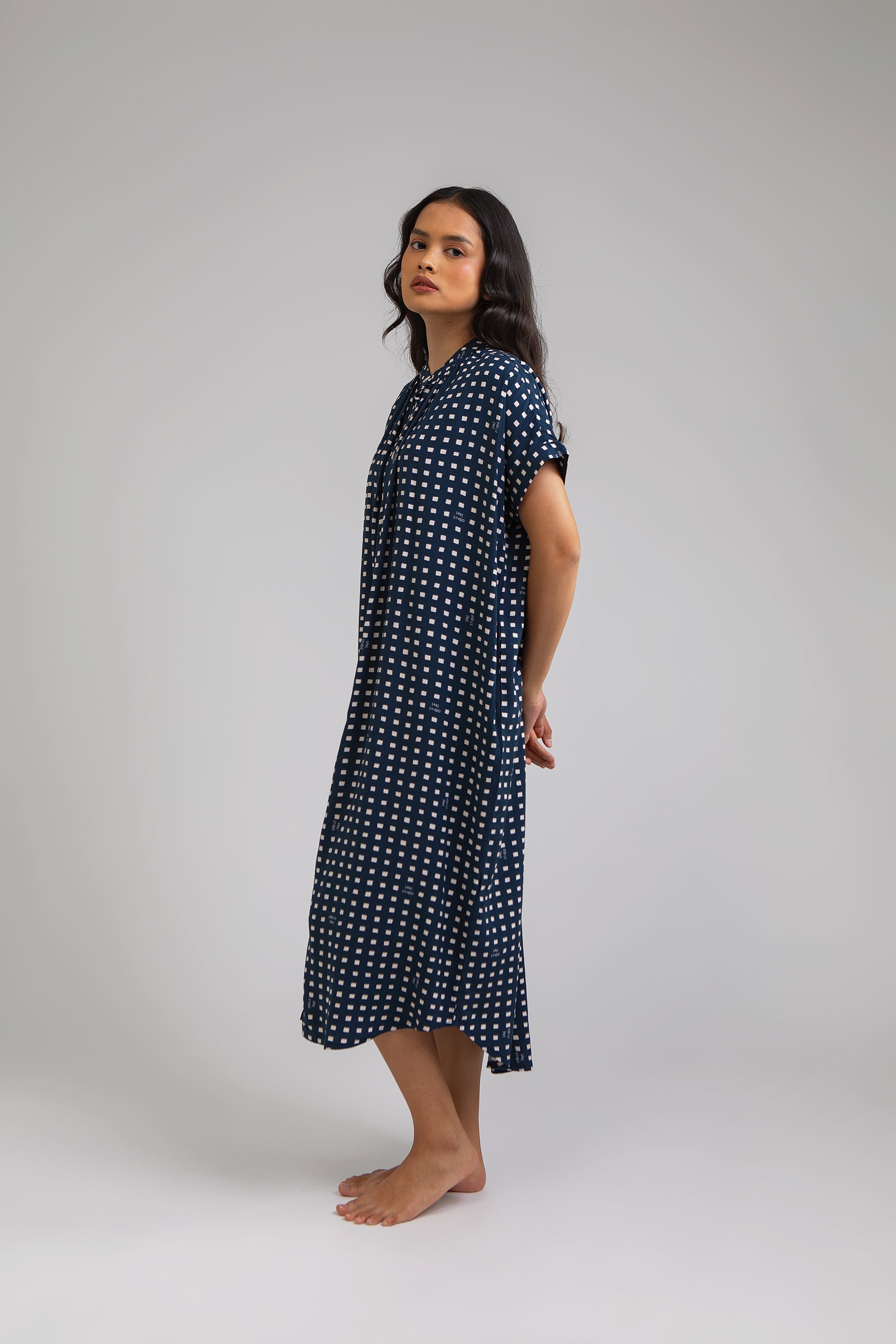 Obi Loose Dress in Navy Dadu