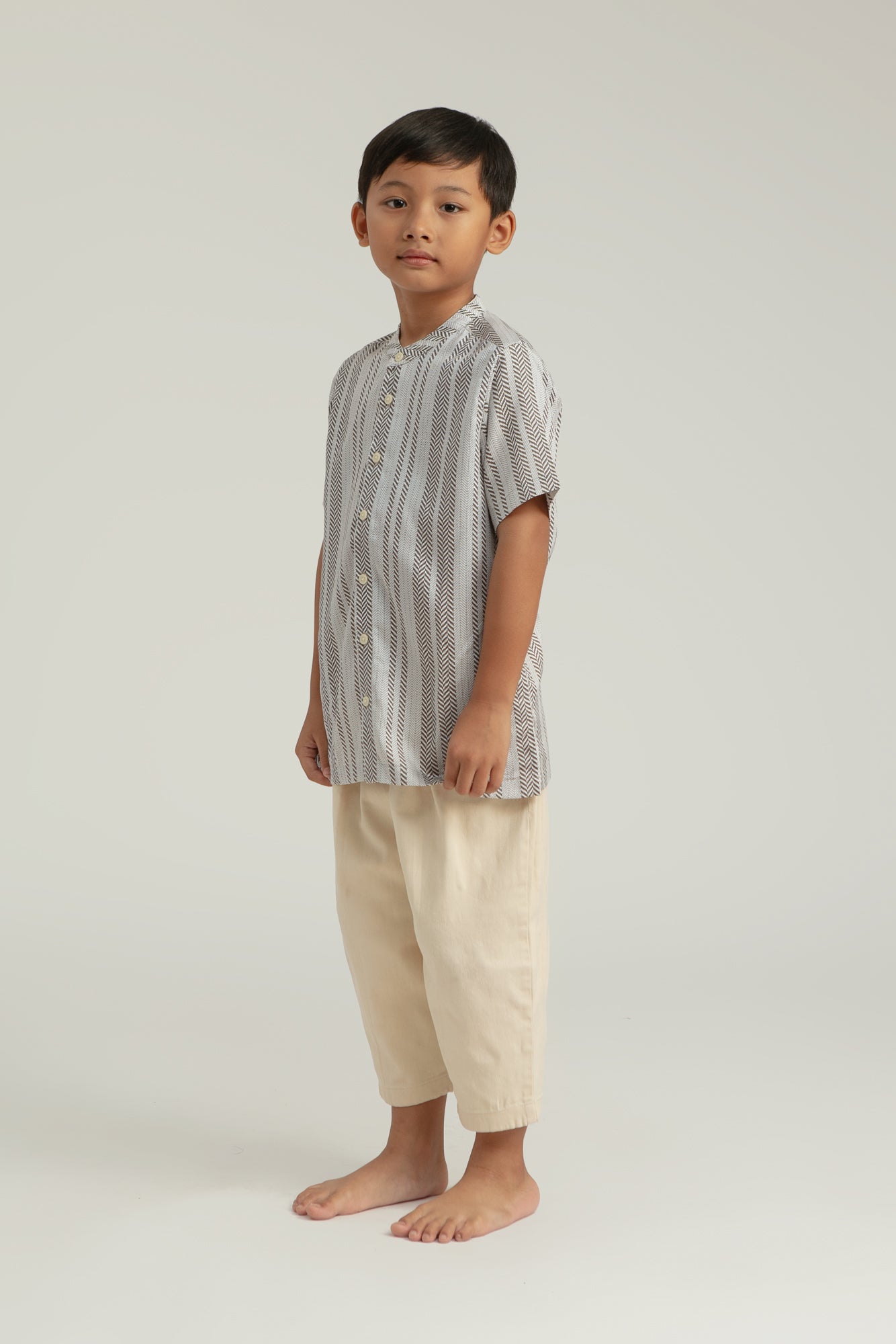 Buji Kids Stand Collar Shirt in Stone Woven