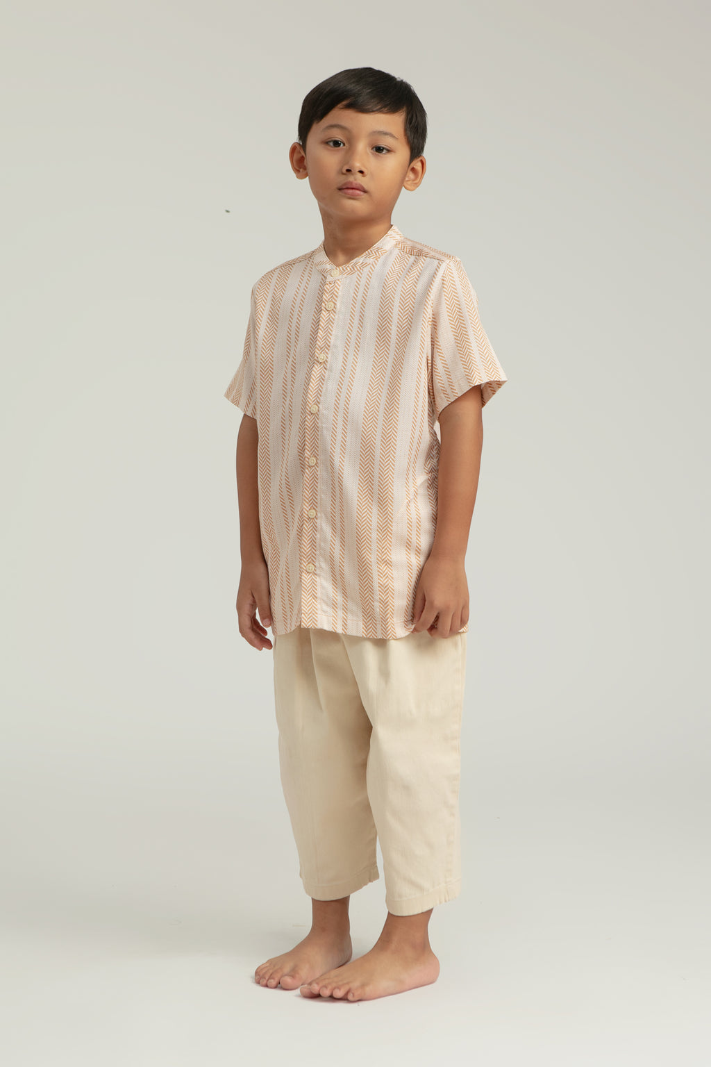 Buji Kids Stand Collar Shirt in Sand Woven