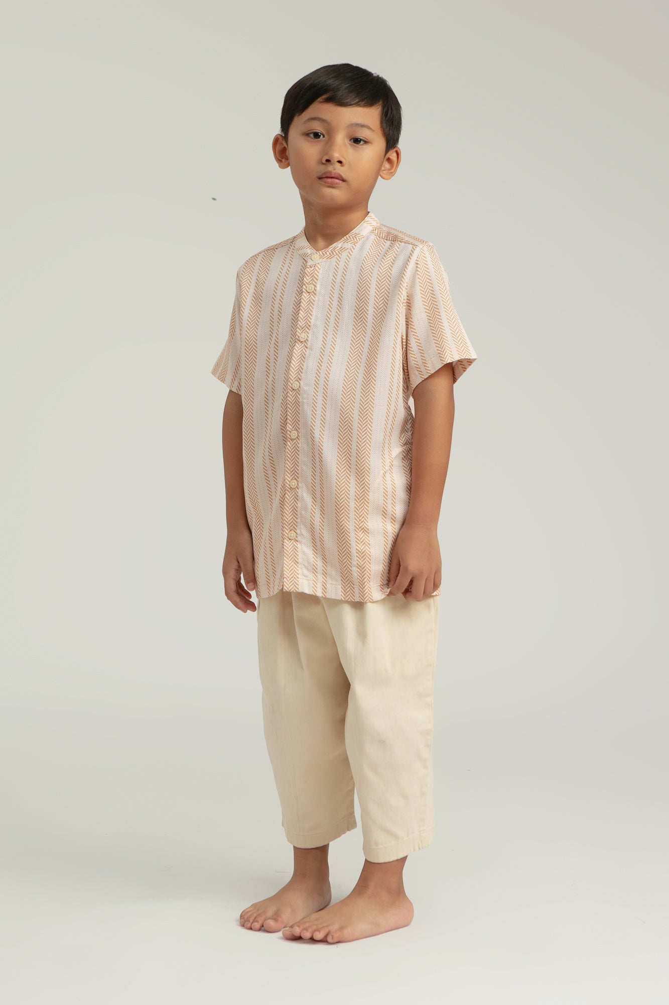 Buji Kids Stand Collar Shirt in Sand Woven