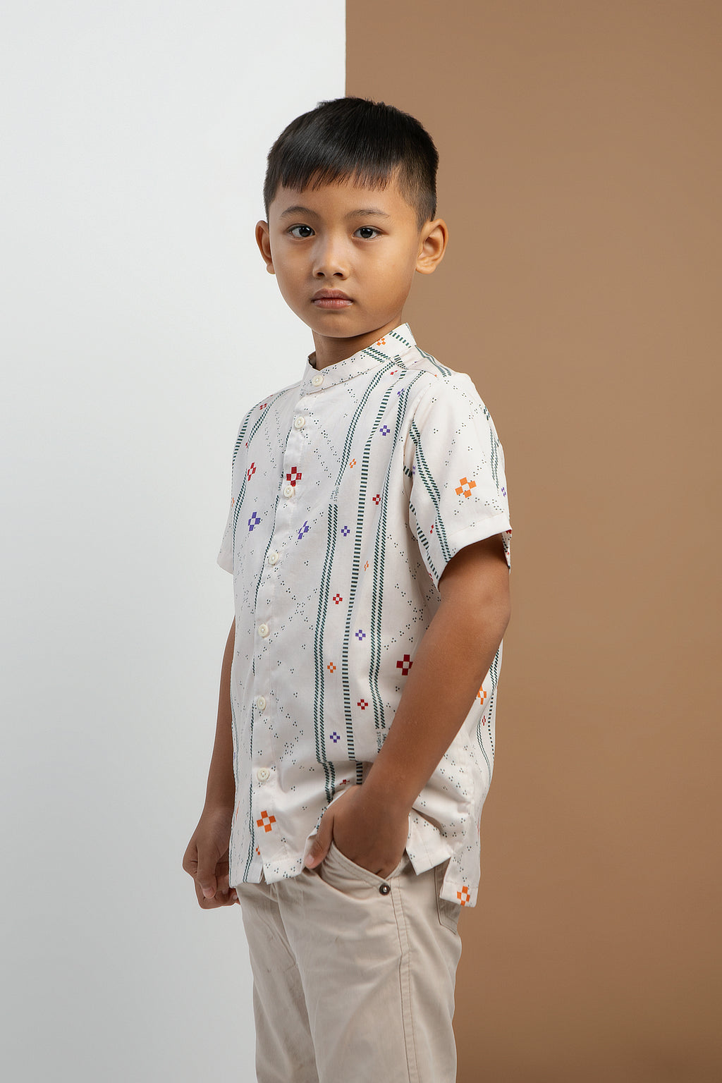 Buji Kids Stand Collar Shirt in Bone Bajamba