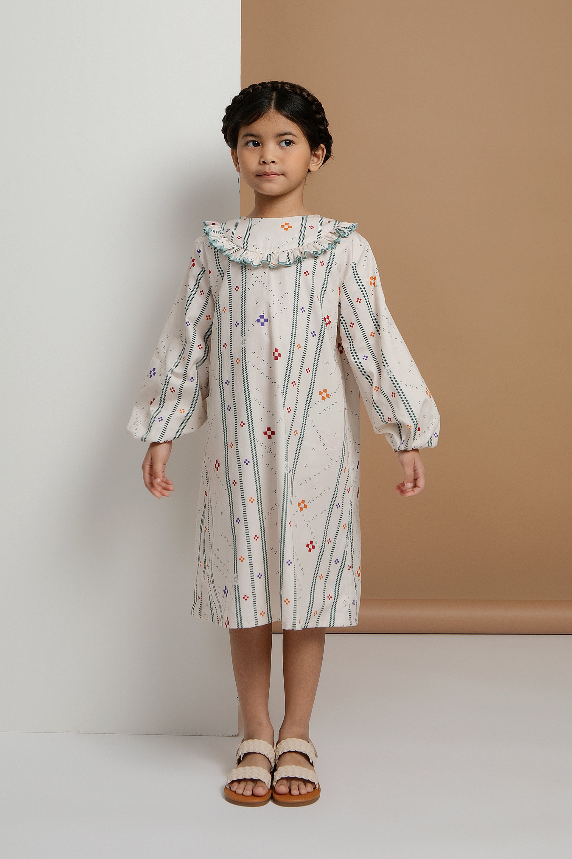 Rambai Kids Dress in Bone Bajamba