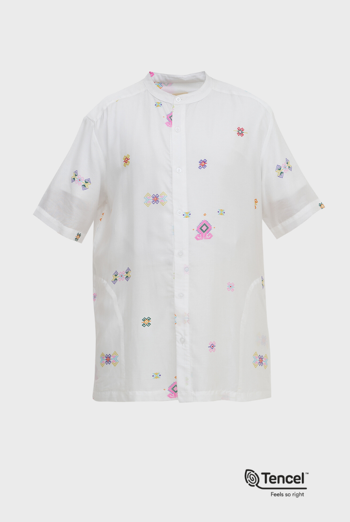 Buji Kids Stand Collar Shirt in White Daya
