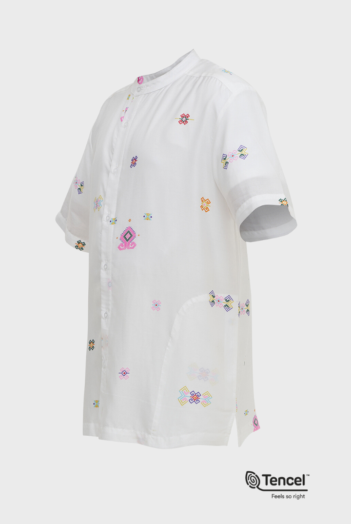 Buji Kids Stand Collar Shirt in White Daya