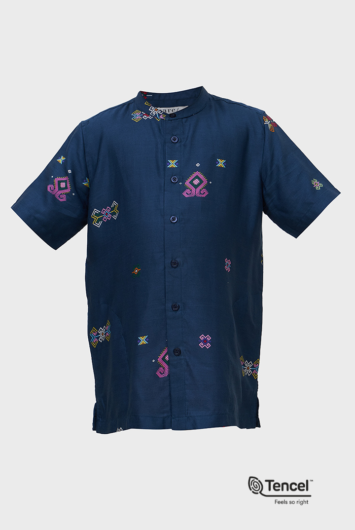Buji Kids Stand Collar Shirt in Midnight Blue Daya