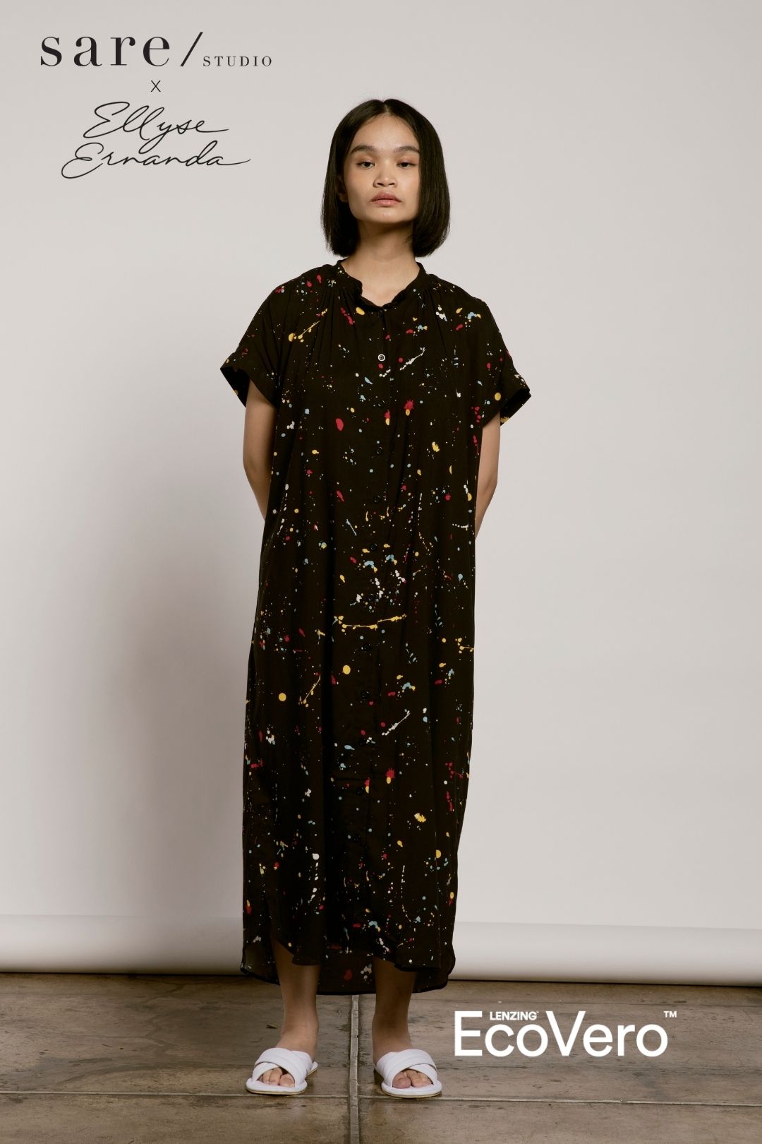 Obi Loose Nightress in Off Black Splats