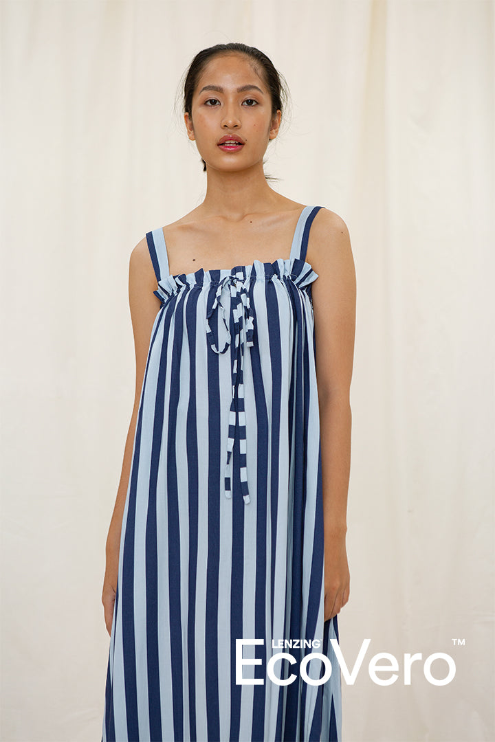 Bana Gathered Drawstring Dress in Blue Stripe