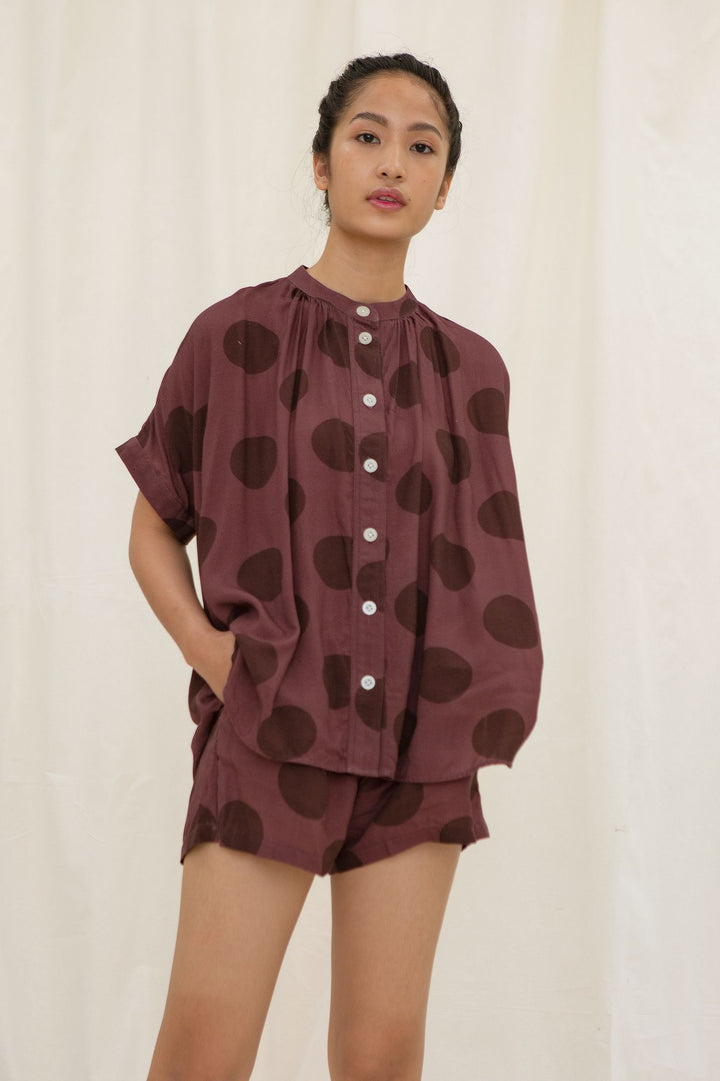 Toba Pajama Top in Burgundy Dots
