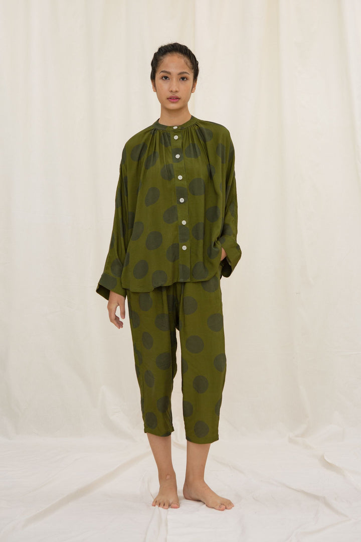 Progo Long Sleeve Pajama Top in Moss Dots