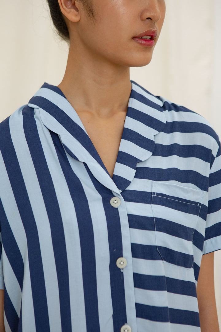 Maru Scalloped Classic Pajama Shirt in Blue Stripe