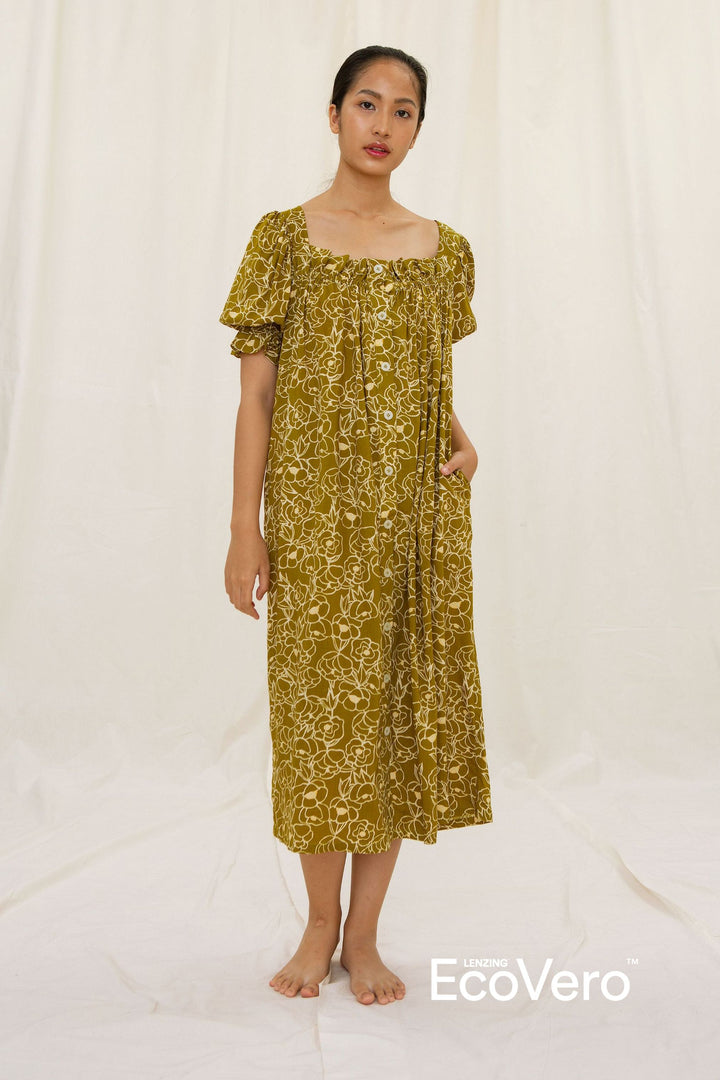 Lamalera Puff Sleeves Nightdress in Green Flower