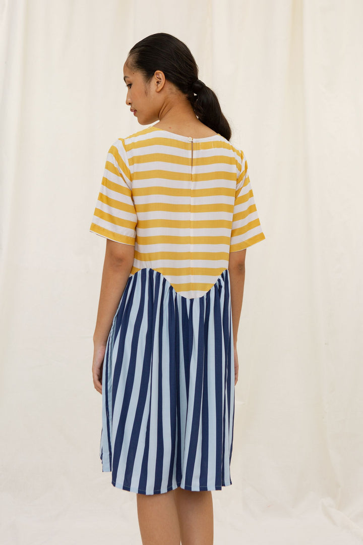 Dawan Scalloped Dress in Yellow Mix Stripe