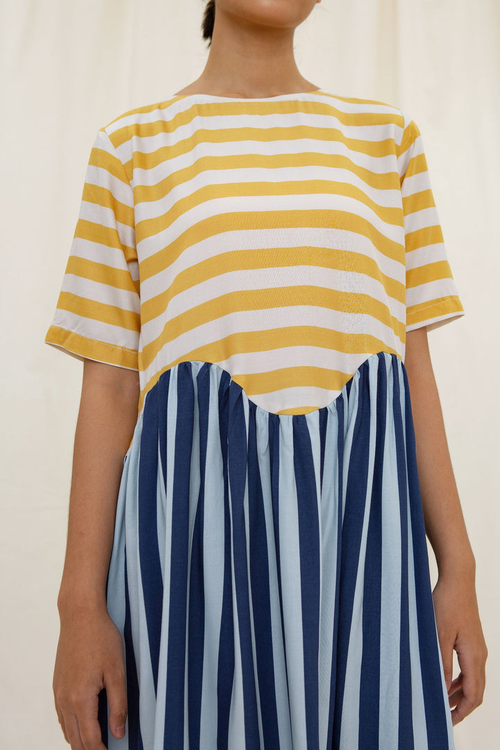 Dawan Scalloped Dress in Yellow Mix Stripe