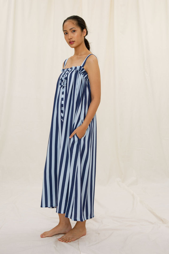 Bana Gathered Drawstring Dress in Blue Stripe