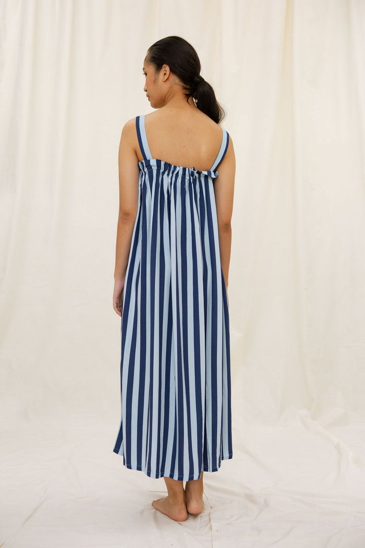 Bana Gathered Drawstring Dress in Blue Stripe