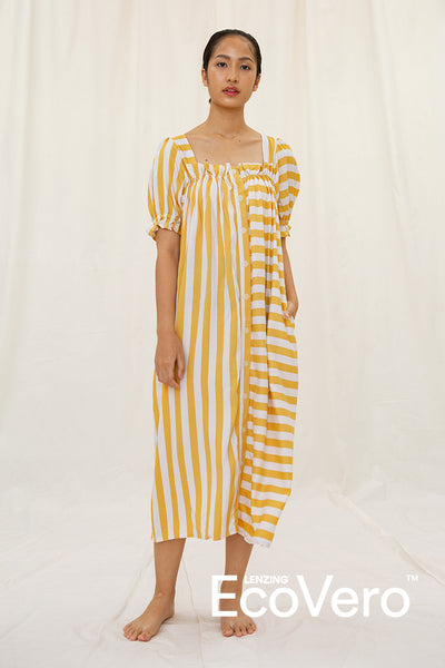 Lamalera Puffed Sleeves Nightdress in Yellow Stripe