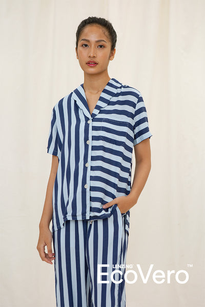 Maru Scalloped Classic Pajama Shirt in Blue Stripe