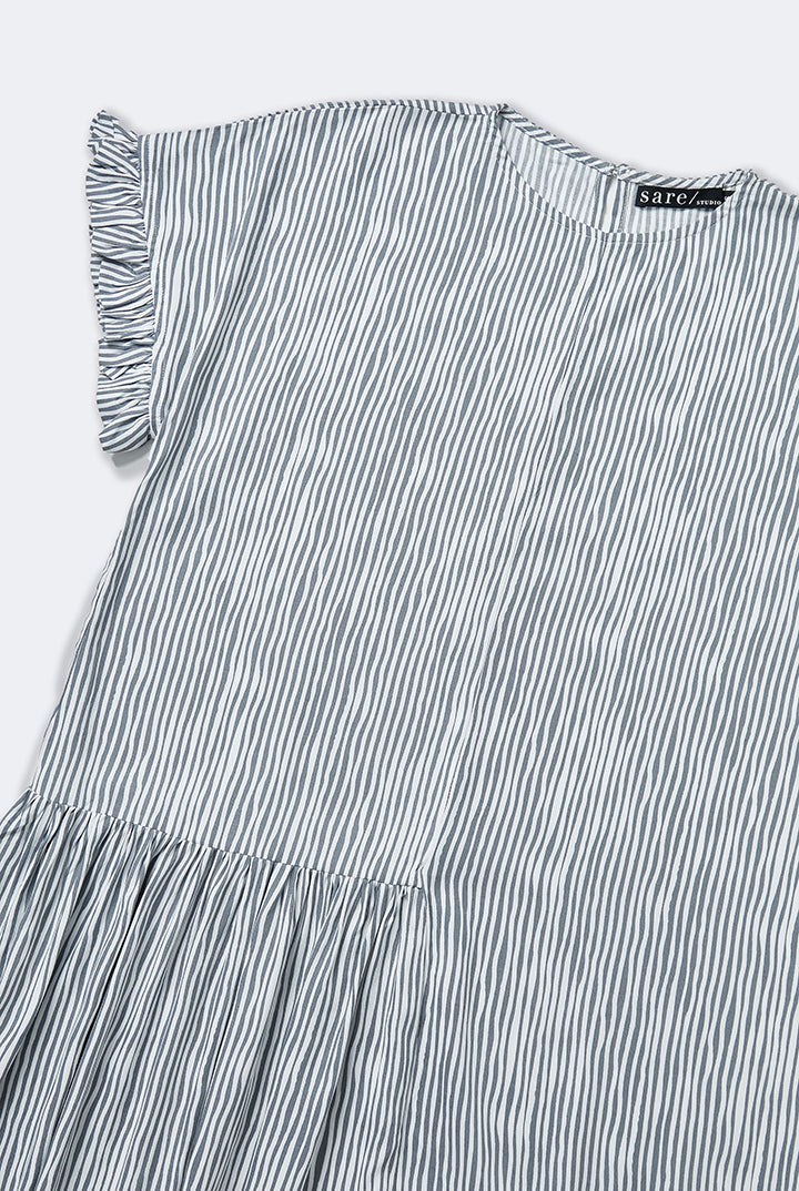 Moyo Tiered Ruffled Nightdress in Grey Stripe