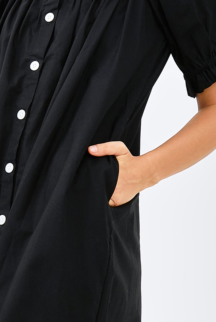 Lamalera Puffed Sleeves Dress in Black Poplin