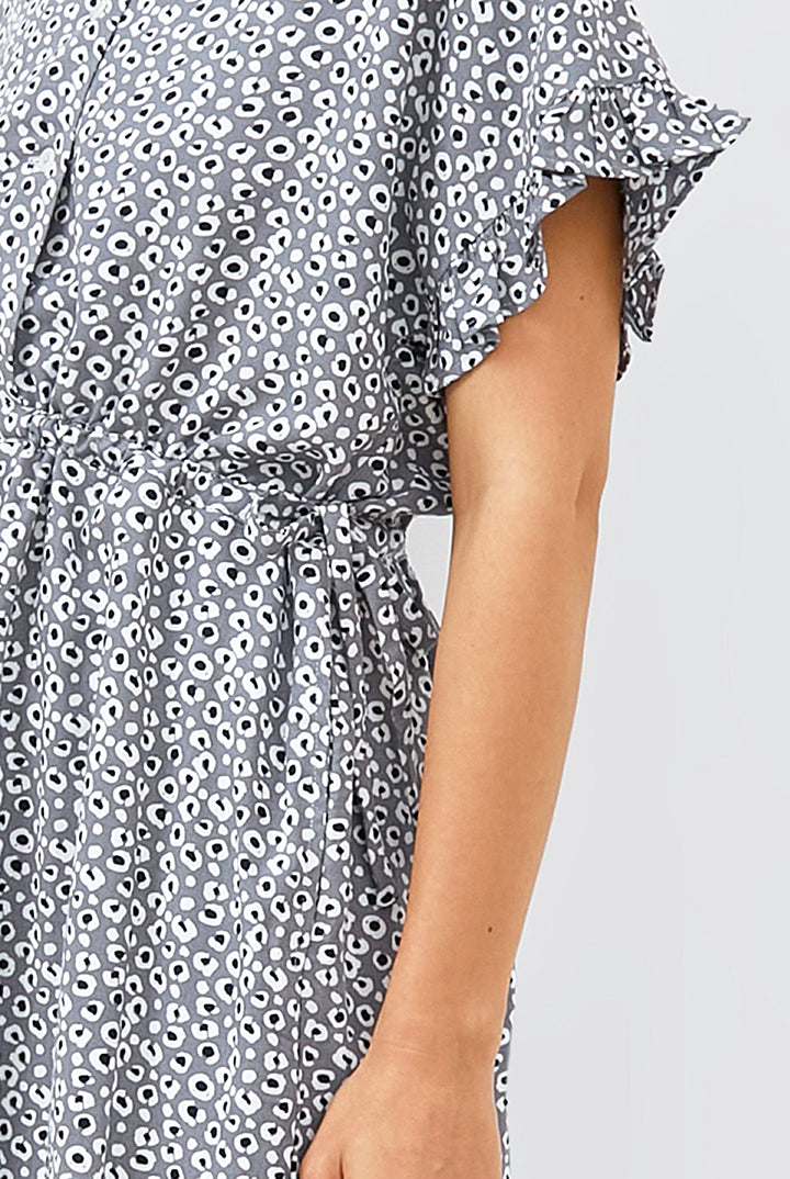 Gowa Frill Sleeve Dress in Grey Leopard