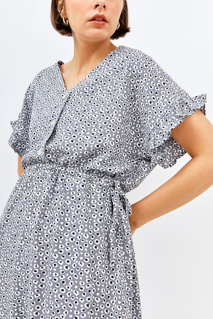 Gowa Frill Sleeve Dress in Grey Leopard