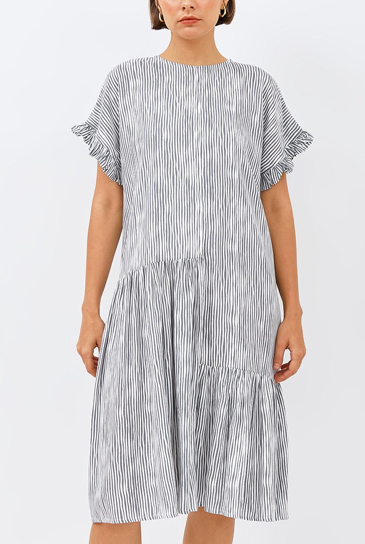 Moyo Tiered Ruffled Nightdress in Grey Stripe