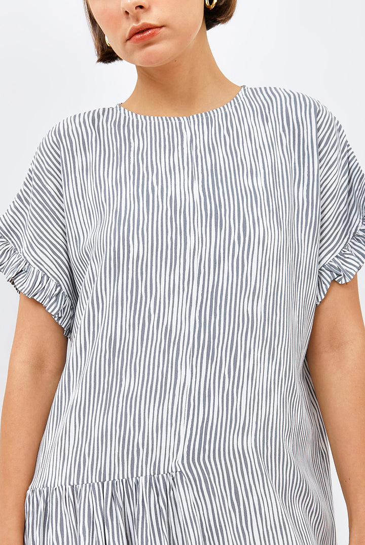 Moyo Tiered Ruffled Nightdress in Grey Stripe